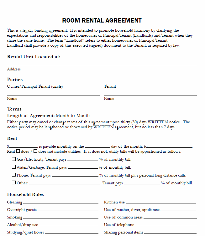Room Rental Agreement Template Free Printable