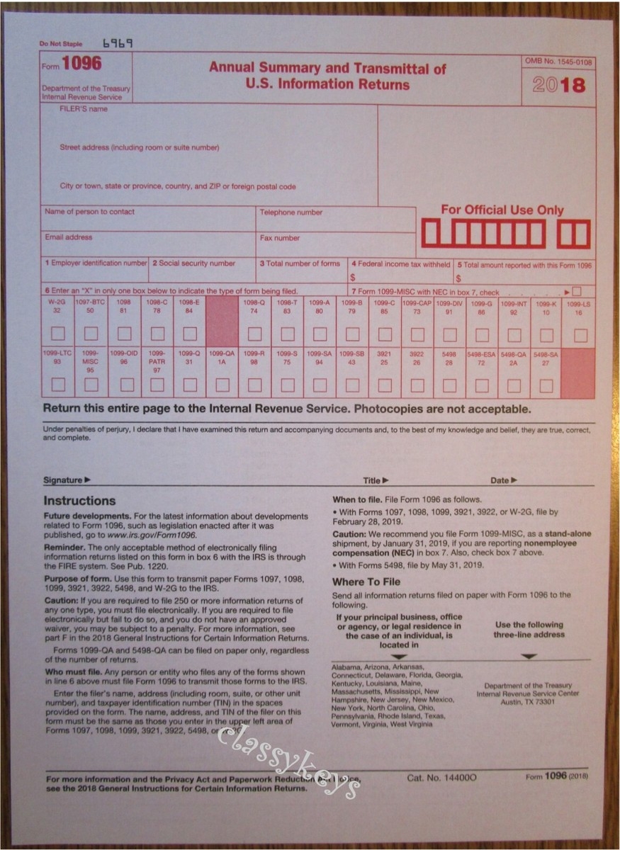 10 pack 2018 Tax Form 1096 Annual Transmittals ONLY for 1099 