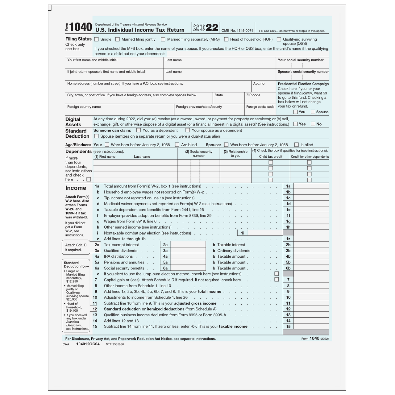 104012OC04 Form 1040 Official U S Individual Income Tax Return Worksheets Library