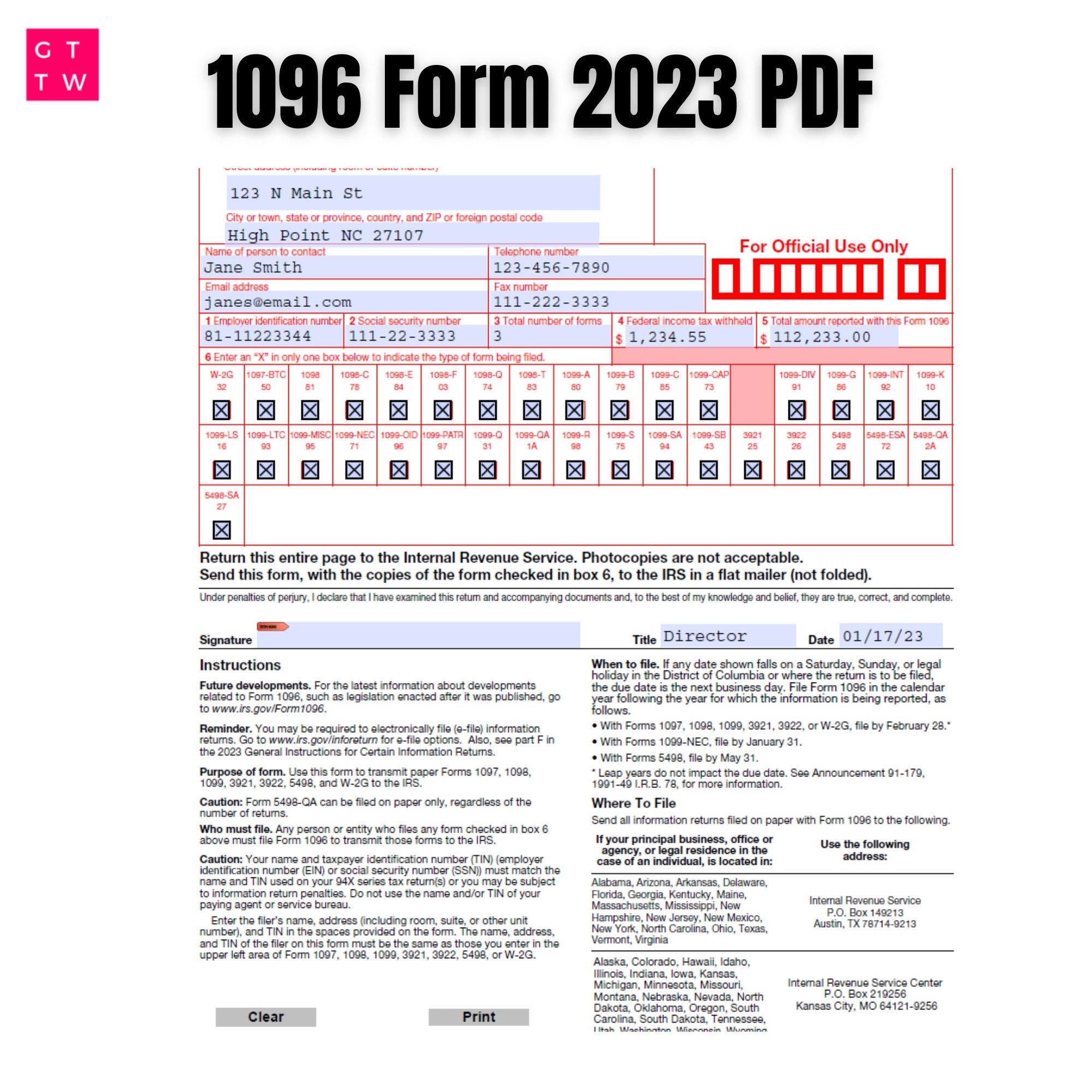 1096 IRS PDF Fillable Template 2023 2024 With Print And Clear 