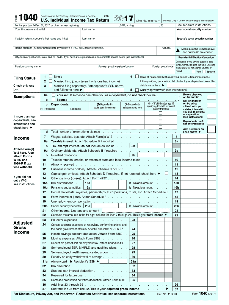 2017 Form IRS 1040 Fill Online Printable Fillable Blank PdfFiller