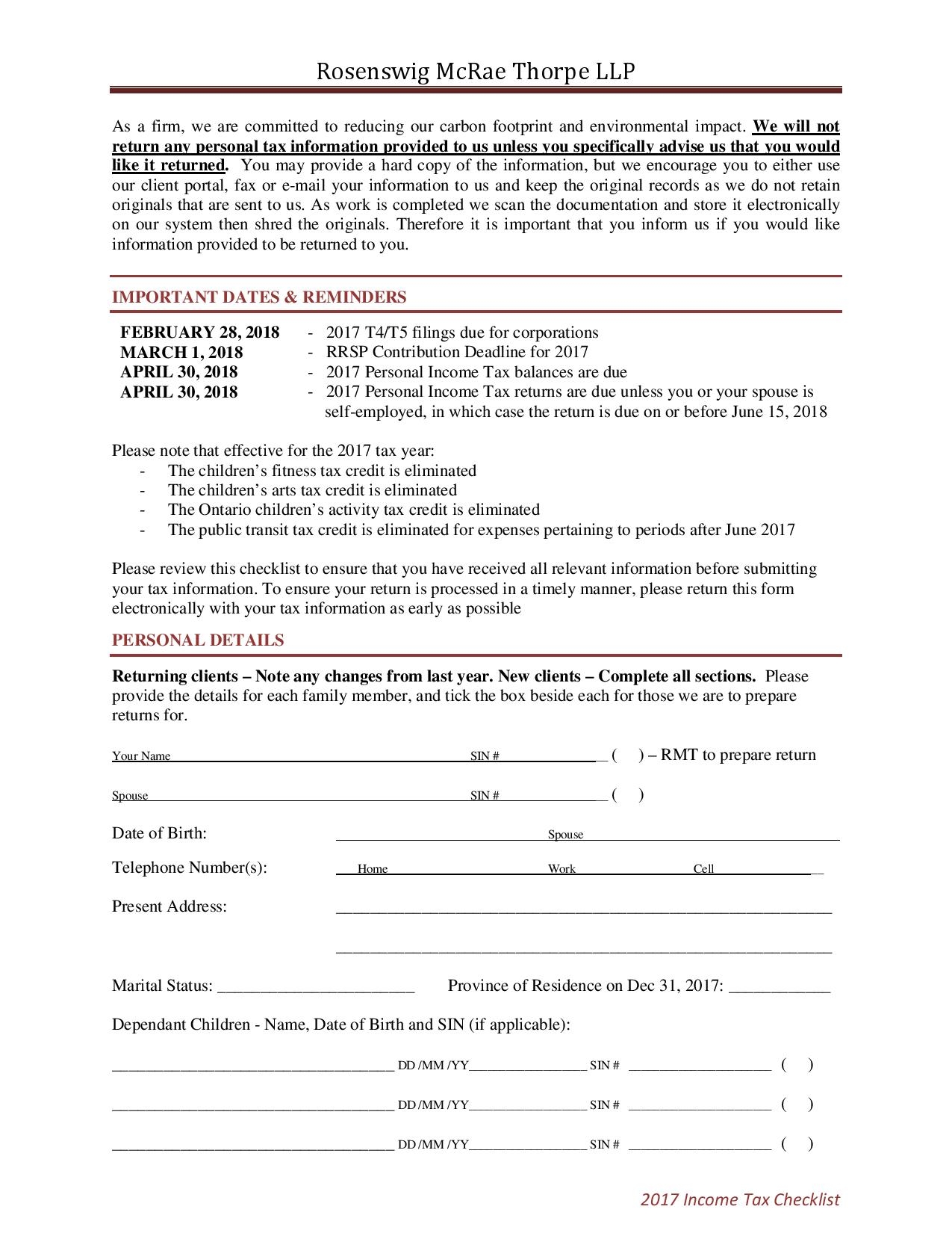 2017 Personal Income Tax Checklist RMR Rosenswig McRae Rosso LLP