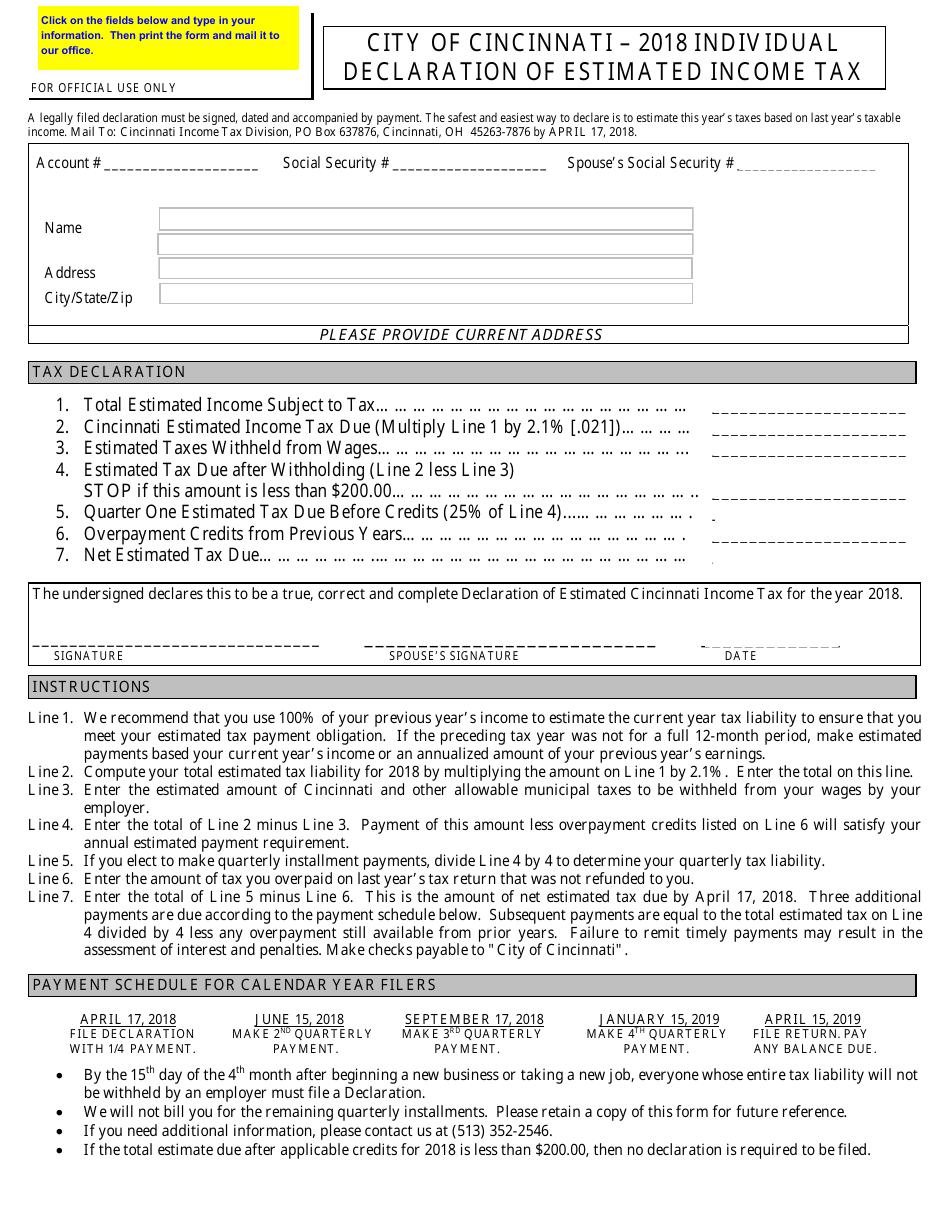 2018 City Of Cincinnati Ohio Individual Declaration Of Estimated Income Tax Fill Out Sign Online And Download PDF Templateroller