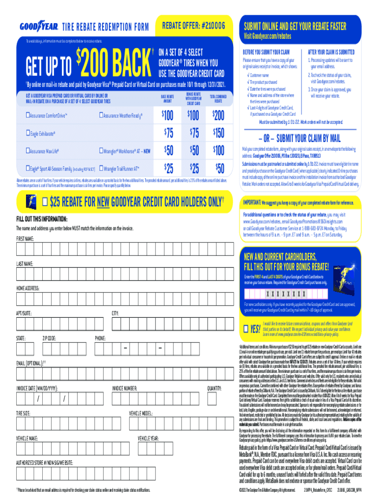 2021 Goodyear Tire Rubber Company Tire Rebate Redemption Form Fill 