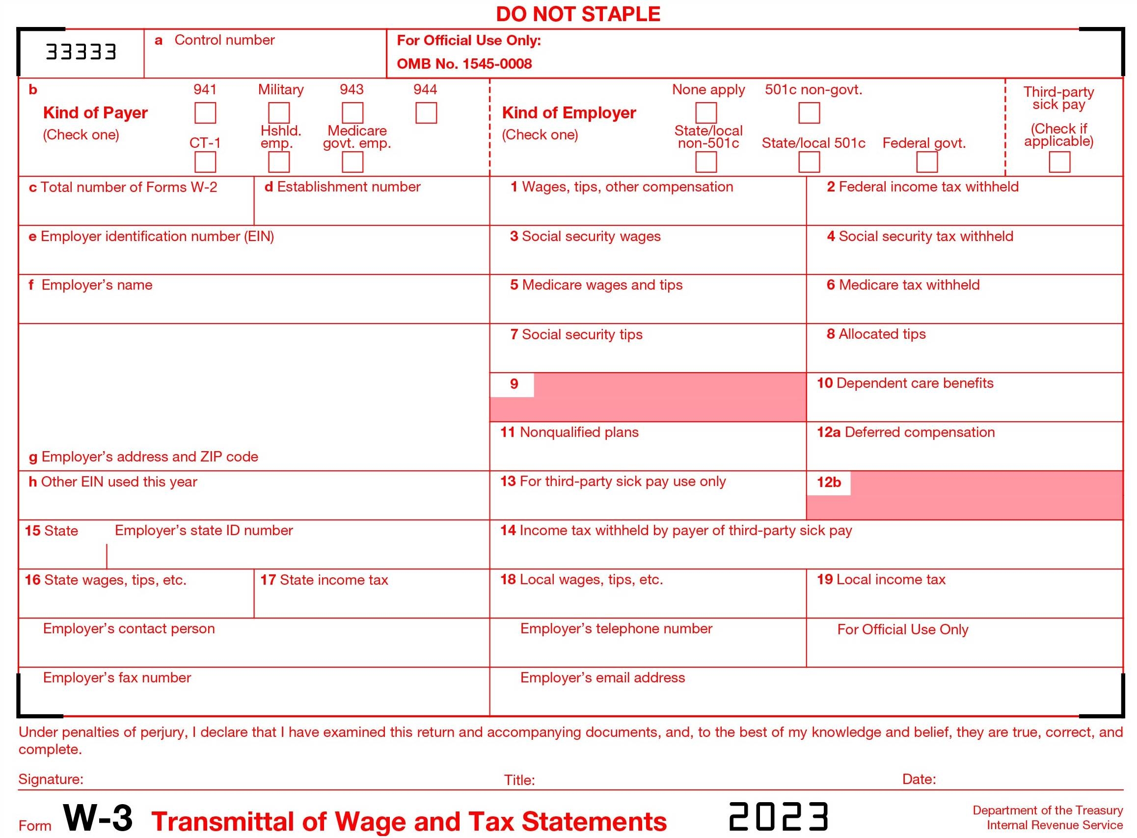 2023 Form IRS W3 Fill Online W3 Form 2023 Printable Fillable 