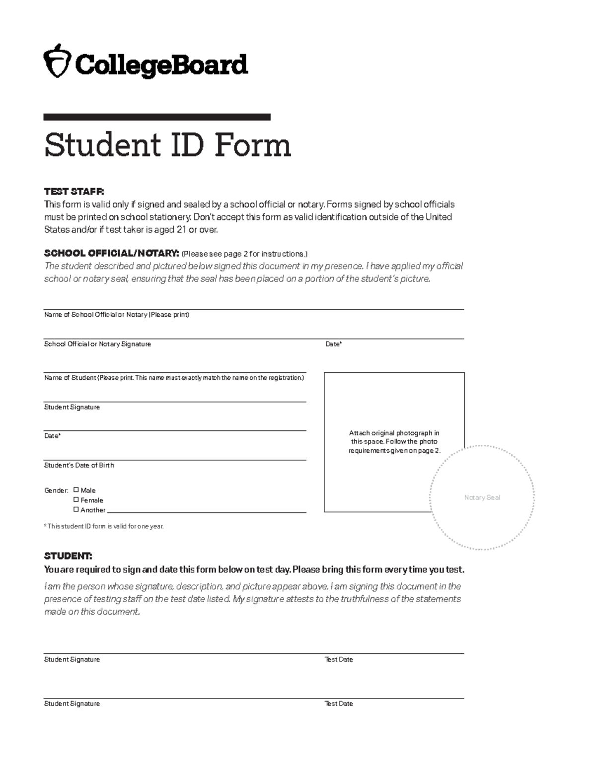 21 22 SAT Student ID Form Student ID Form TEST STAFF This Form Is Valid Only If Signed And Sealed Studocu