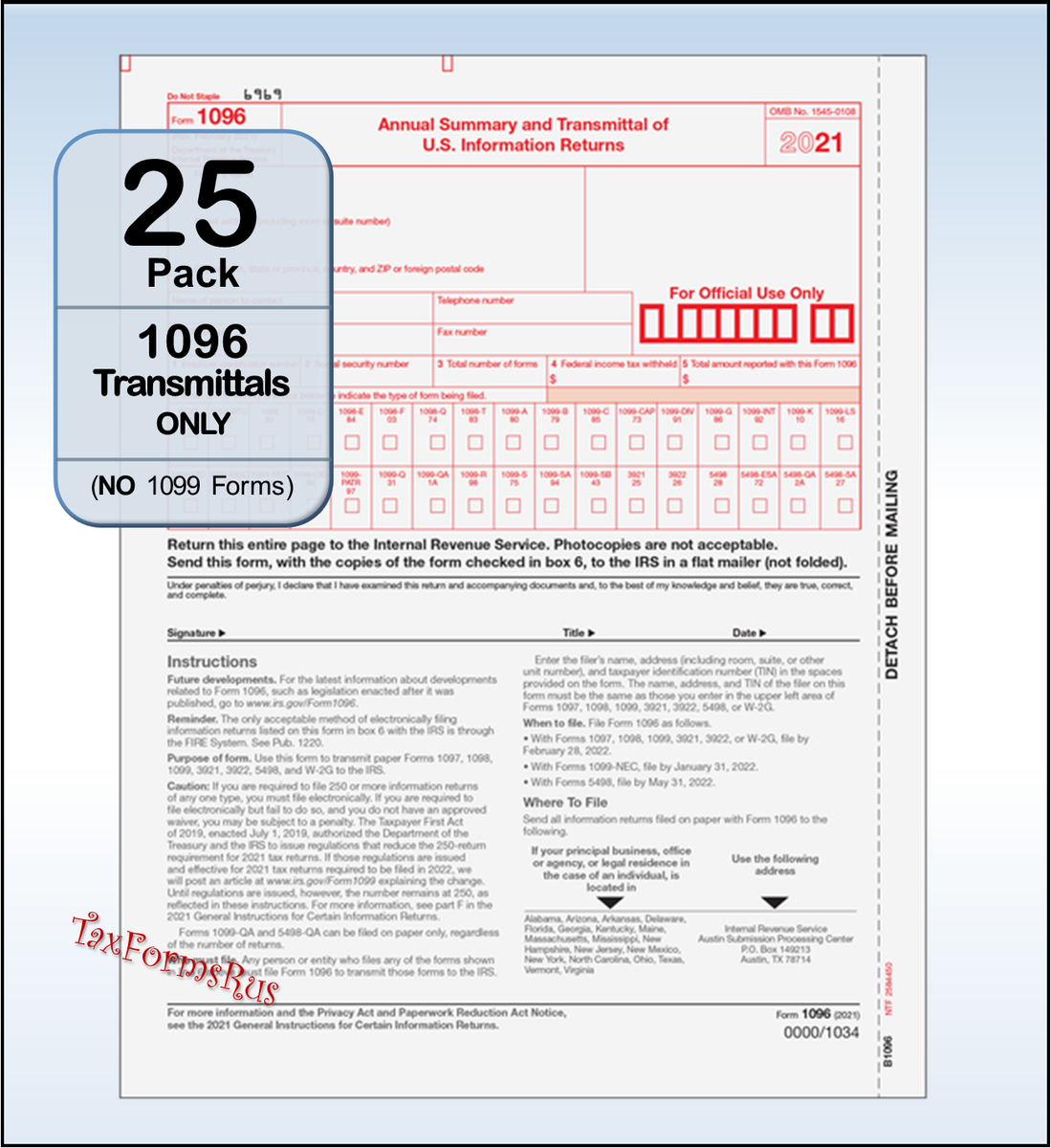 25 pack 2021 Tax Form 1096 Annual Transmittals ONLY for 1099 