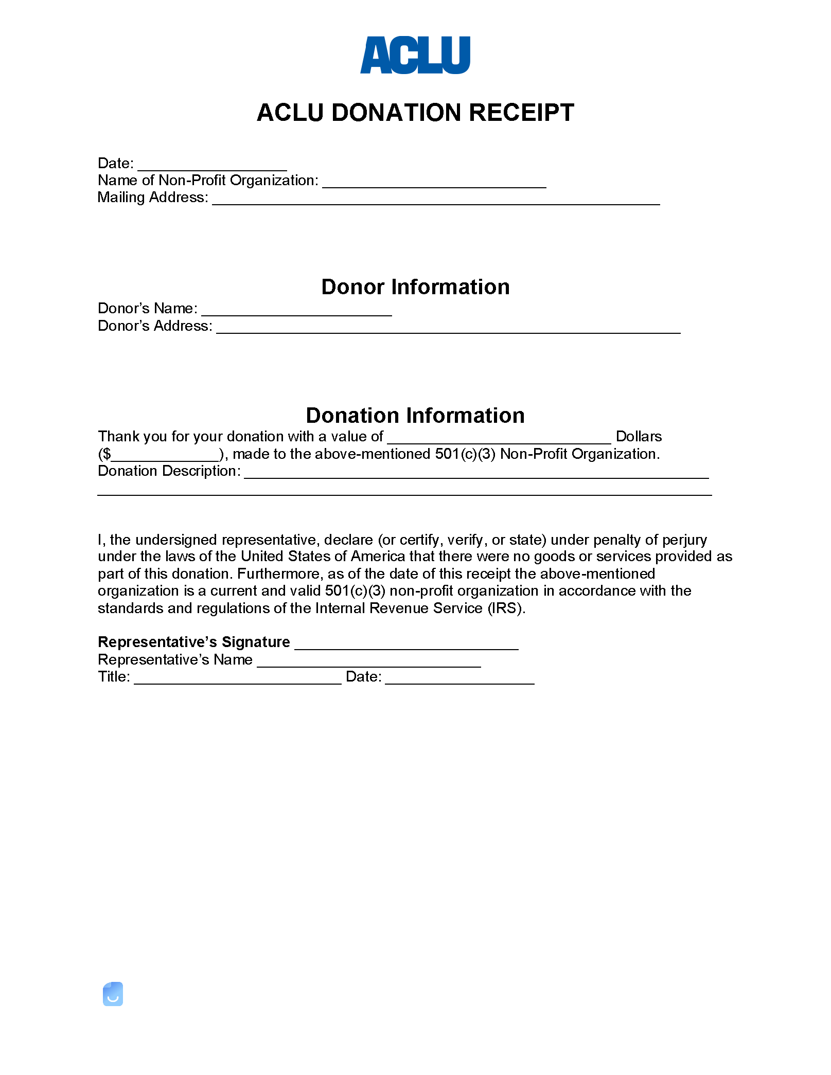 ACLU Donation Receipt Template Invoice Maker