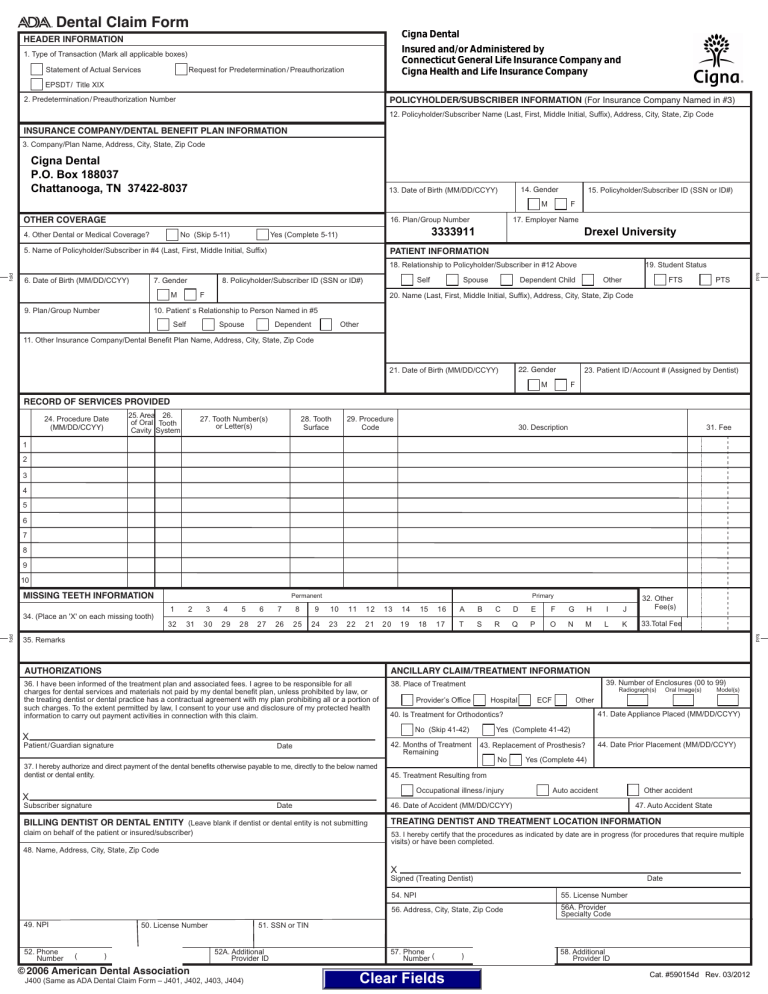Ada Dental Claim Form Printable Printable Forms Free Online