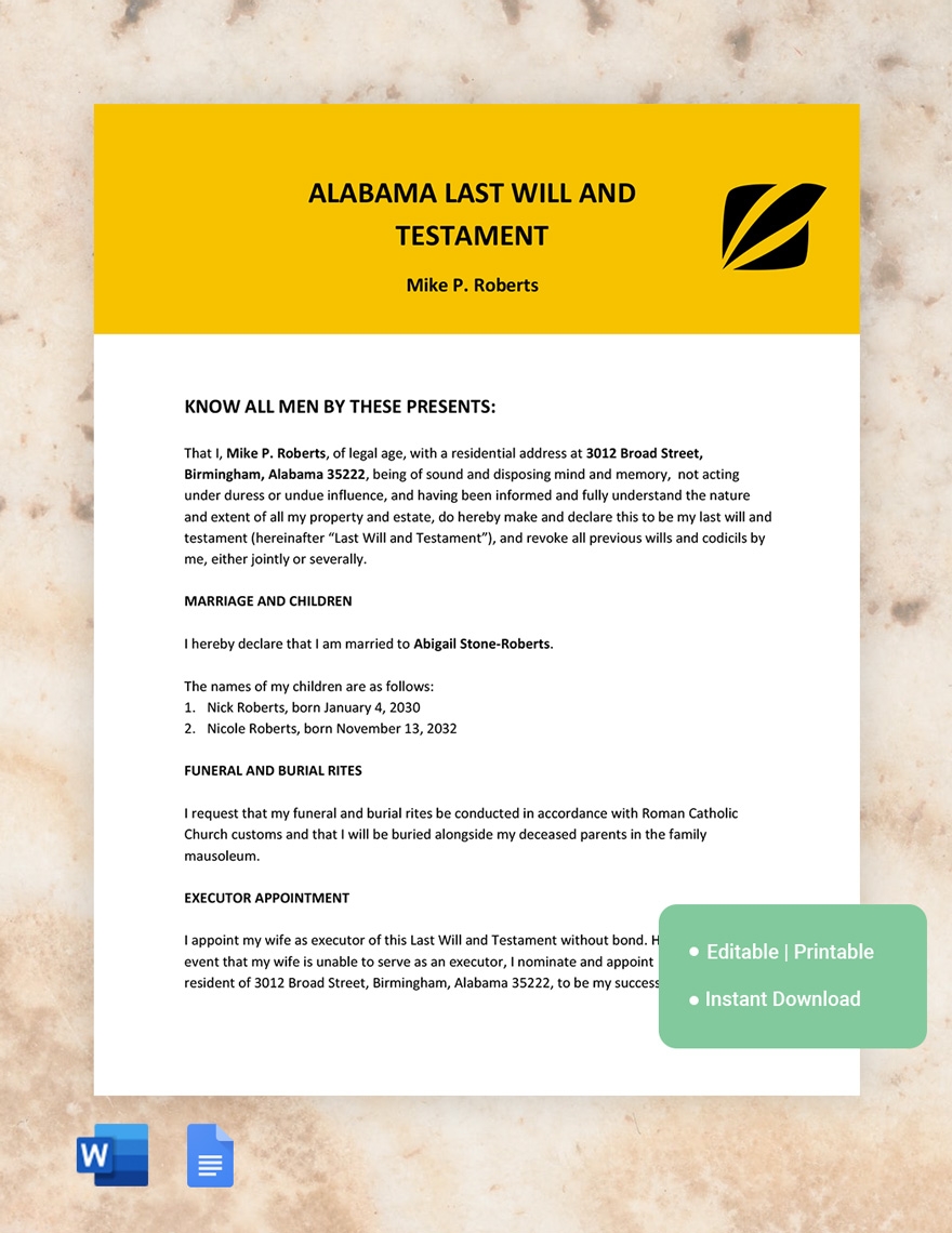 Alabama Last Will And Testament Template In Google Docs Word 