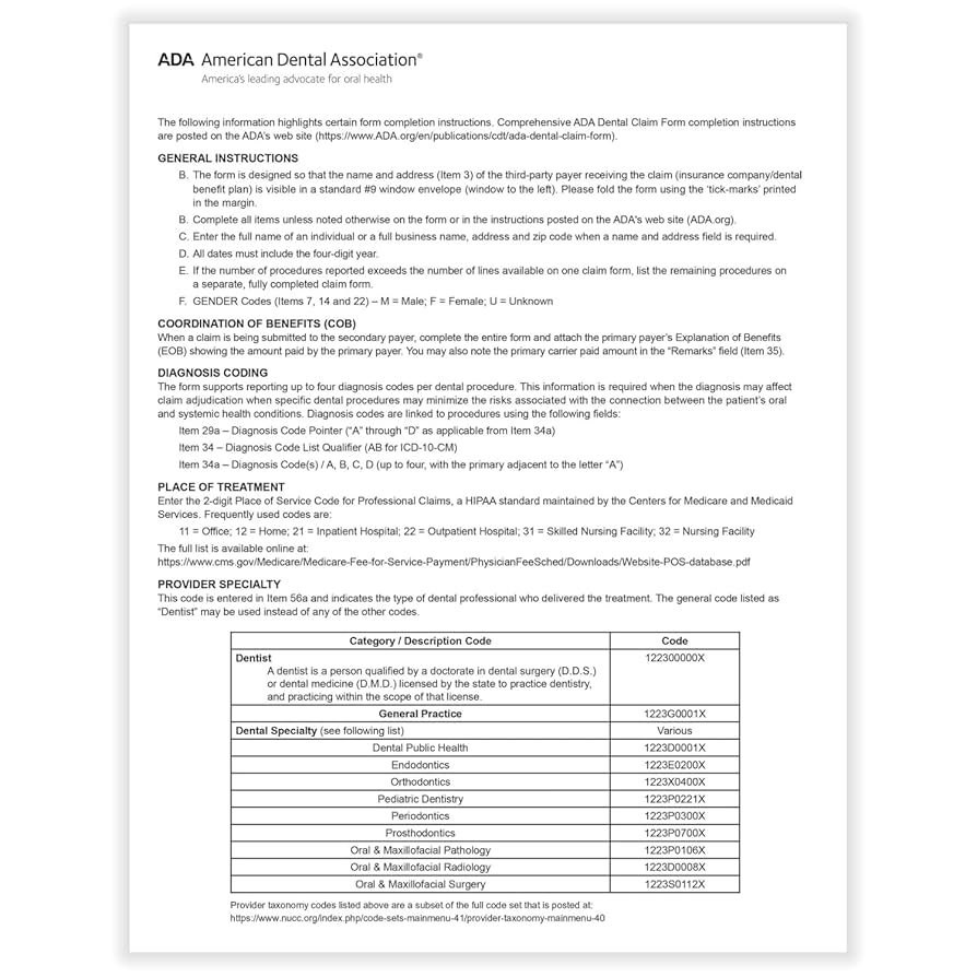 Amazon ComplyRight ADA Dental Claim Forms 2024 Version Pack Of 500 8 1 2