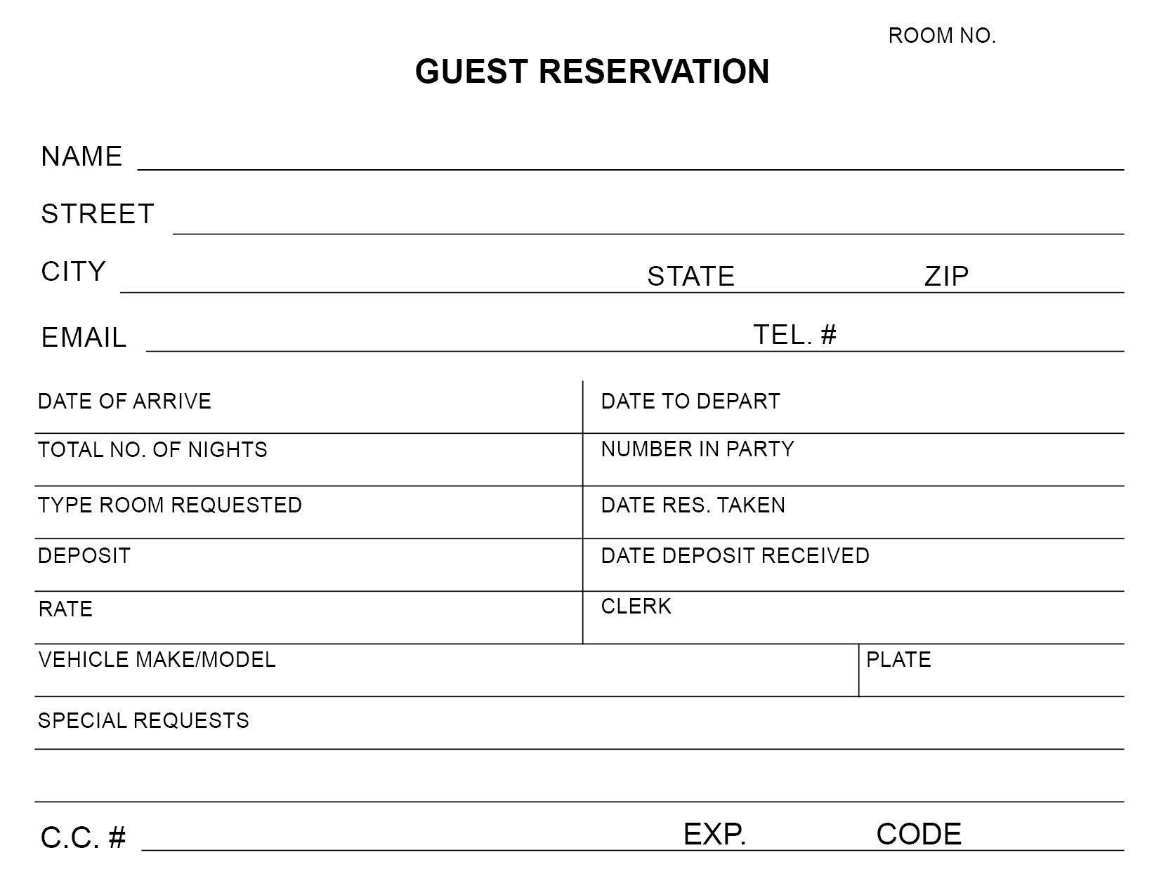 Amazon Guest Reservation Registration Card For Hotels Motels 