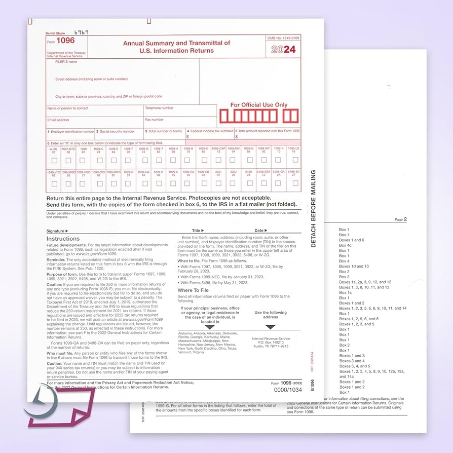 Amazon NextDayLabels 1096 Transmittal 2024 Tax Forms For 
