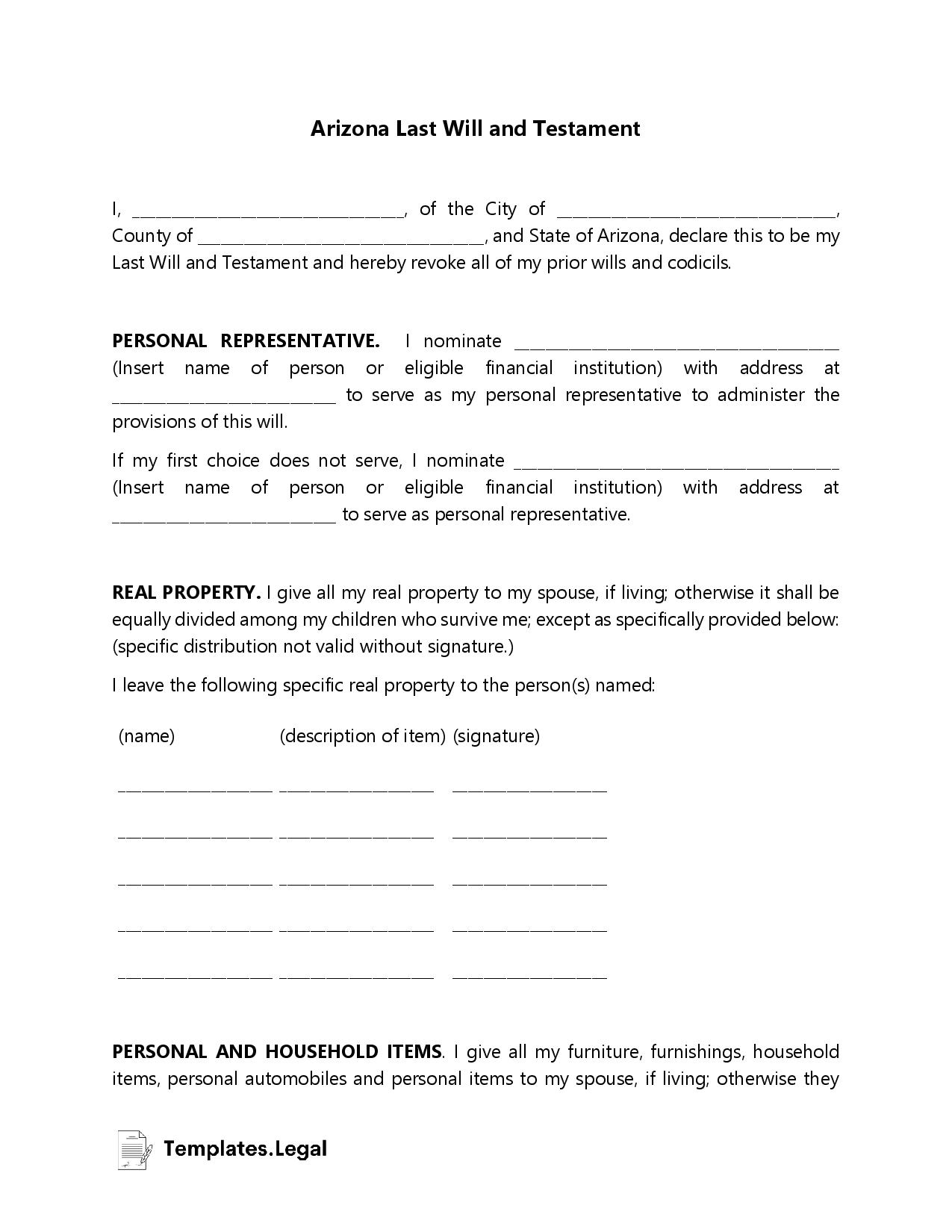 Arizona Last Will And Testament Templates Free Word PDF ODT 