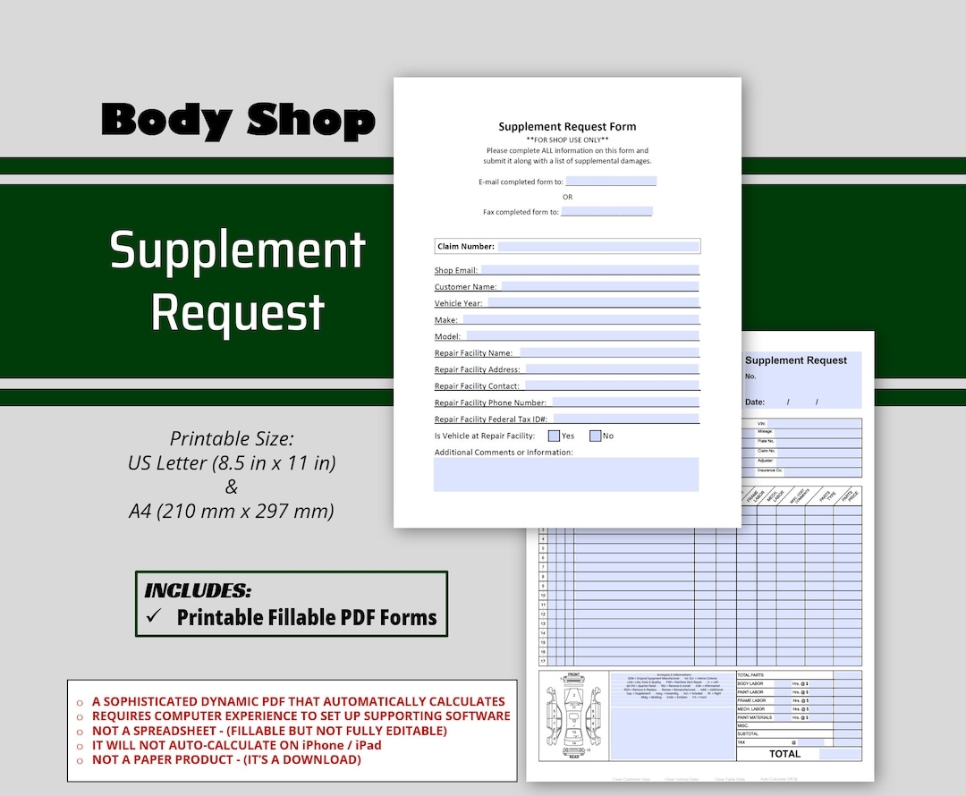 Auto Body Supplement Request Form 2 Page Body Shop Insurance Supplement Form Pdf Printable Repair Supplement Fill Out Collision Supplement Etsy
