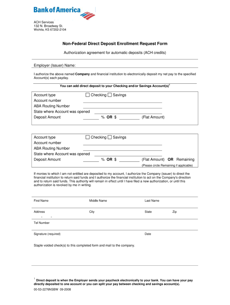 Bank Of America Direct Deposit Enrollment 2008 2025 Form Fill Out And 