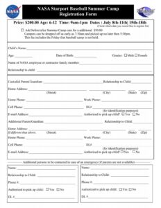 Baseball Camp Registration Forms NASA Exchange JSC