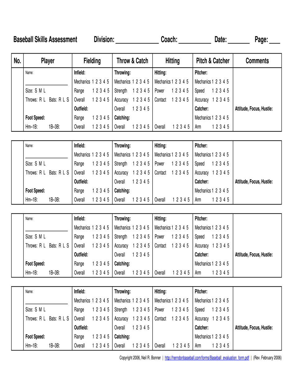 Baseball Tryout Evaluation Form Printable Blank PDF Online