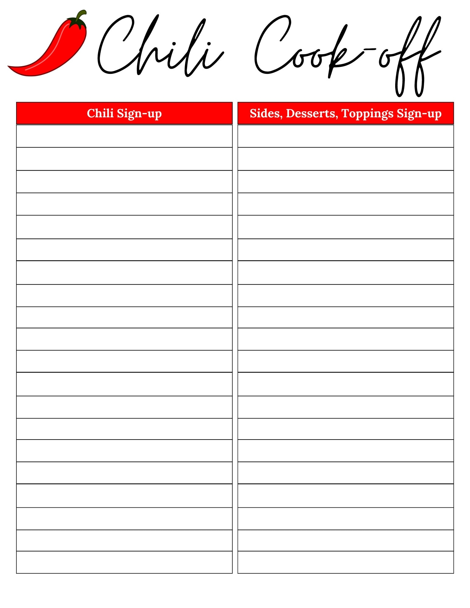 Chili Cook off Sign Up Sheet Chili Cook Off Sheet Chili