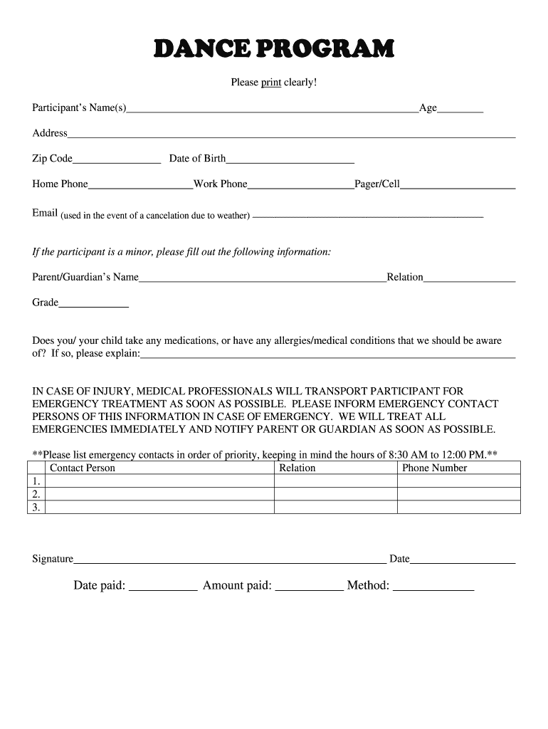 Dance Classes Registration Form Fill Online Printable Fillable 