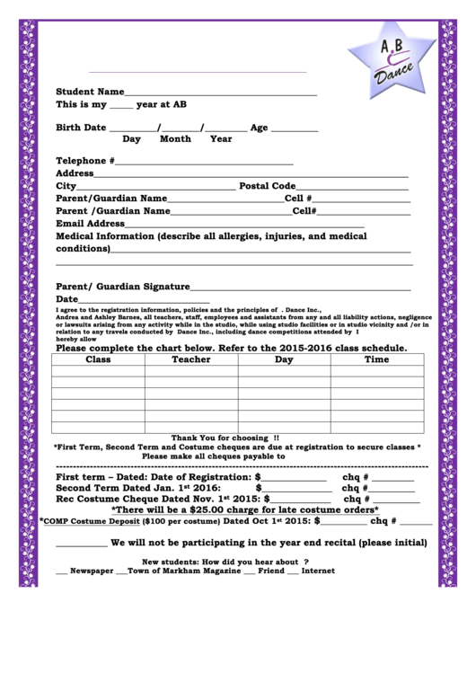 Dance Registration Form Printable Pdf Download