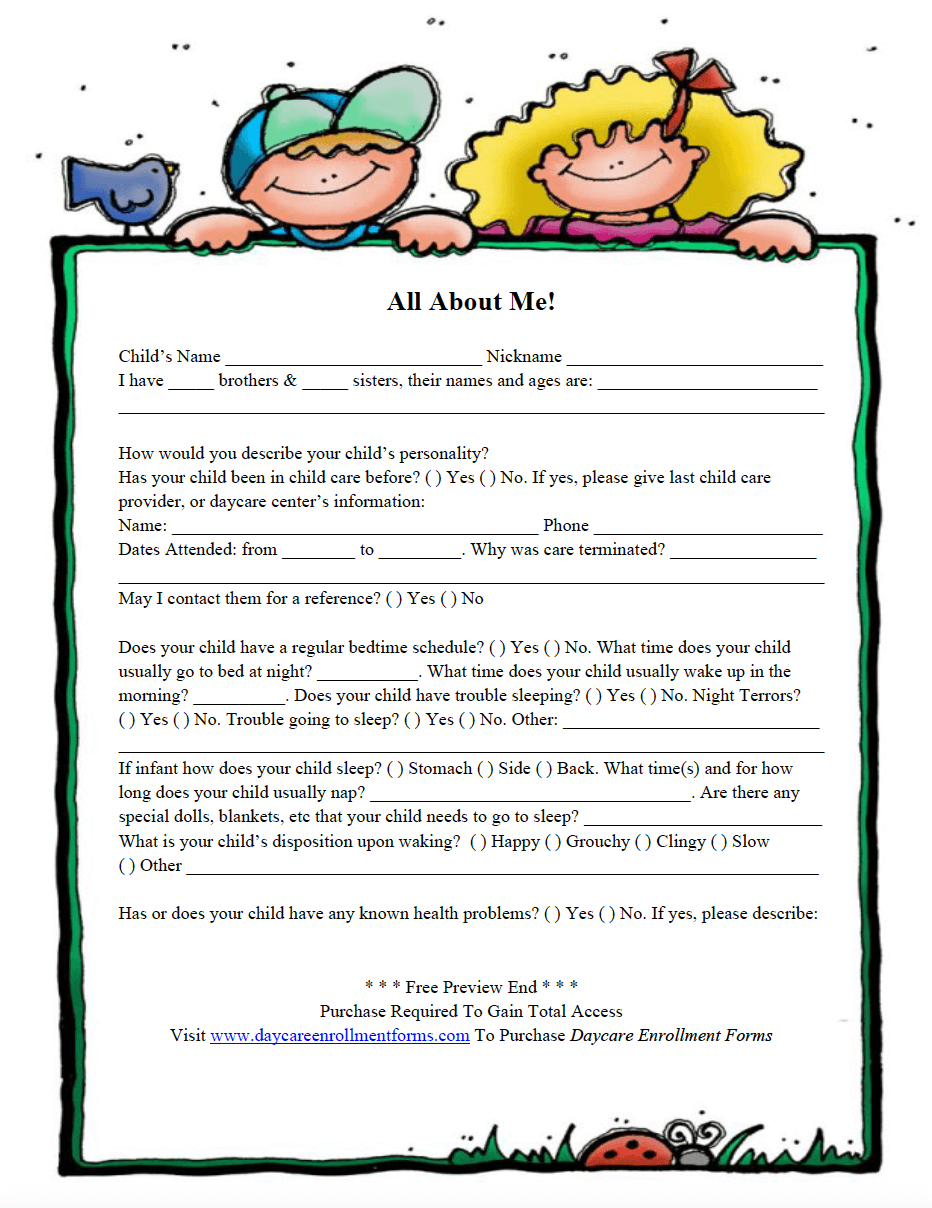 Daycare Enrollment Forms Child Care Registration Forms