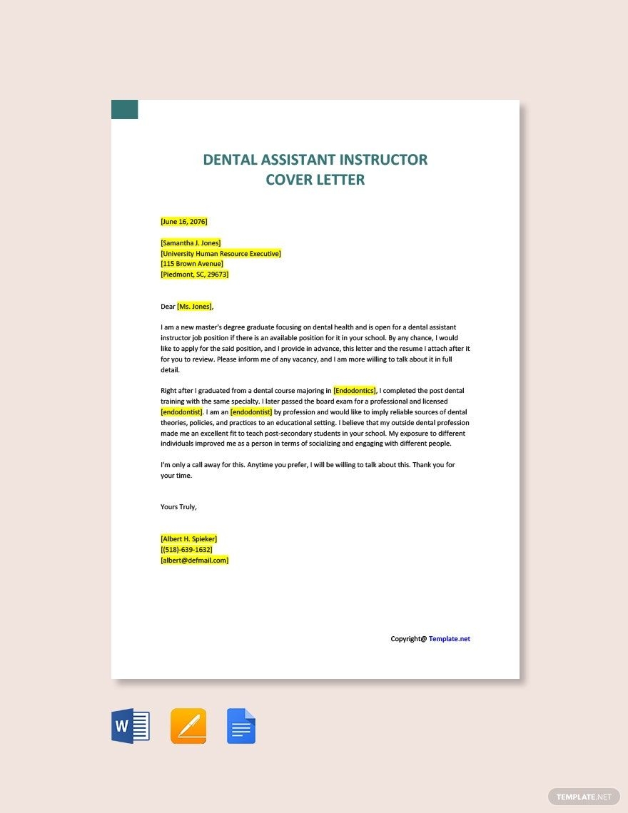 Dental Assistant Instructor Cover Letter Template In Google Docs Word Pages PDF Download Template