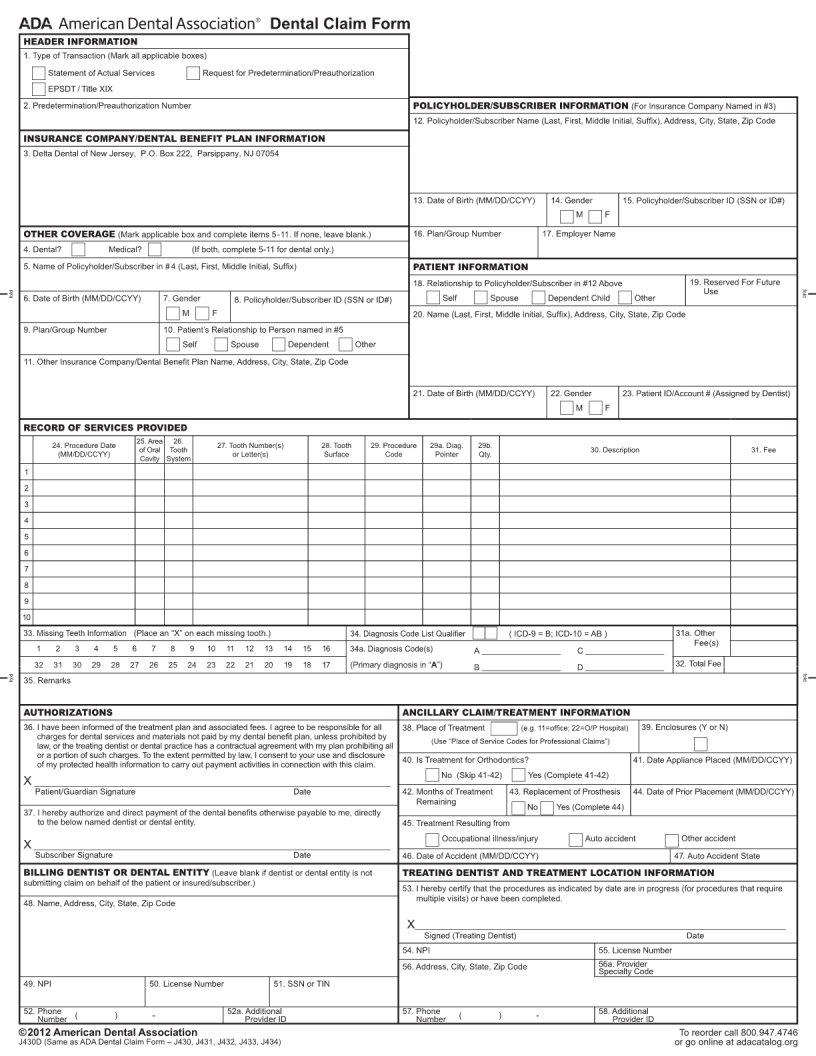 Dental Claim Form J430D Fill Out Printable PDF Forms Online