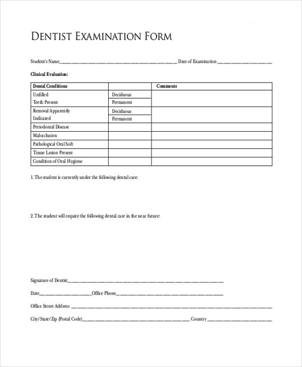 Dental Exam Form Printable