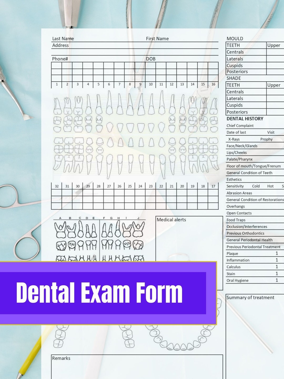 Dental Exam Form Template Dental Record Editable Instant Digital Download Ready To Use Excel U0026 PDF Dental Chart Office Form Etsy