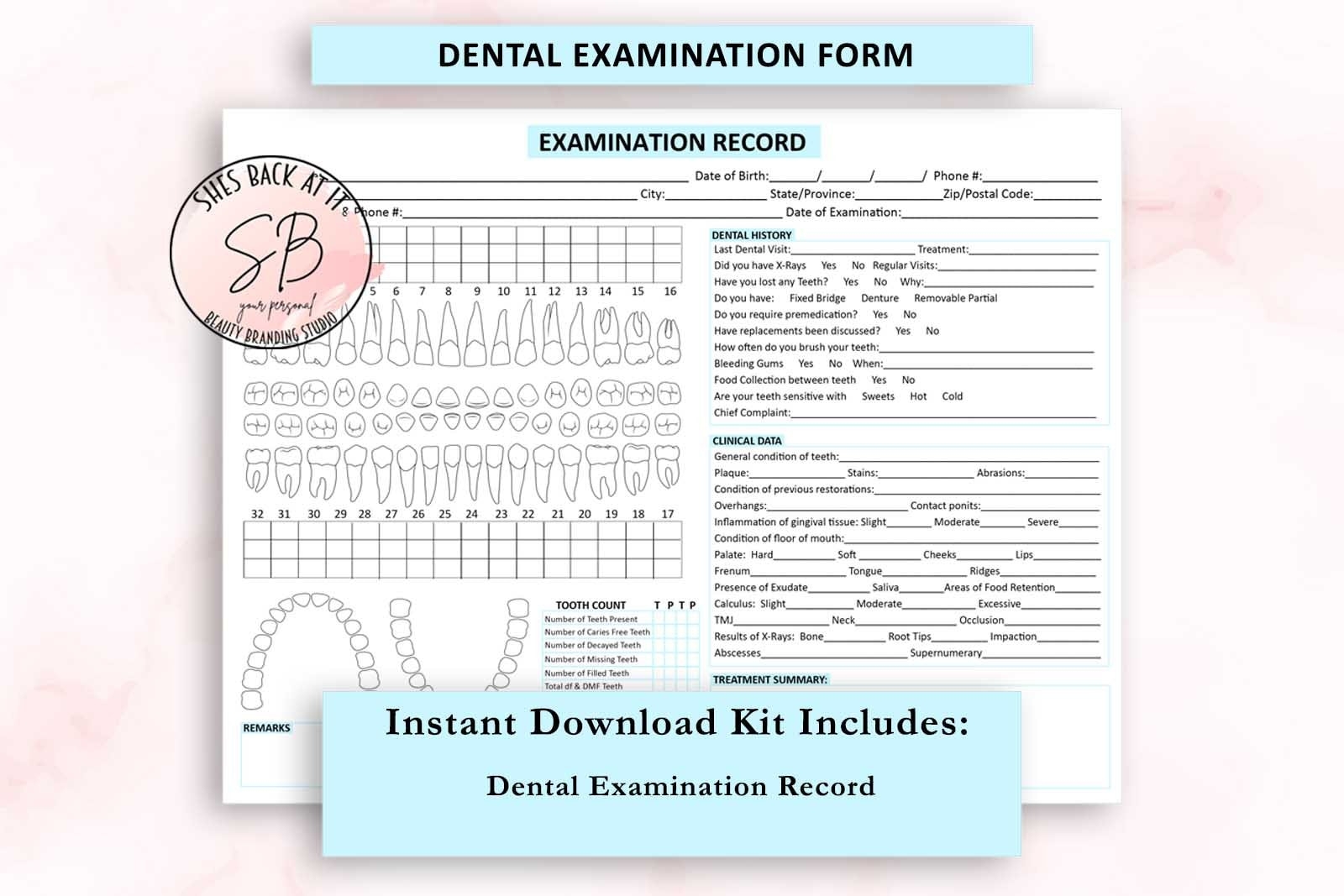 Dental Examination Form Dental Record Dental Chart Dental