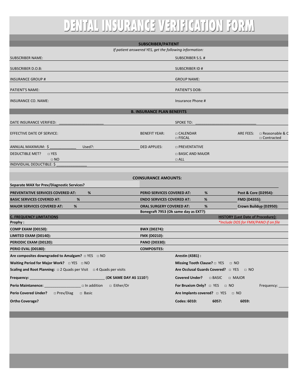Dental Insurance Verification Form Fill Out Sign Online And 