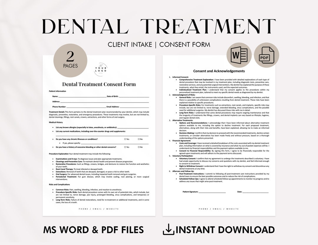 Dental Treatment Consent Form PDF Editable And Printable Dental Procedure Agreement Instant Download Professional Dental Office Forms Etsy