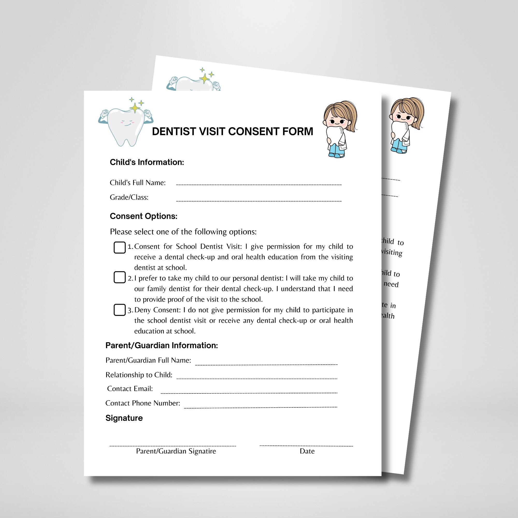 Dentist Visit Consent Form School Dental Check ups Oral Health For Students Etsy