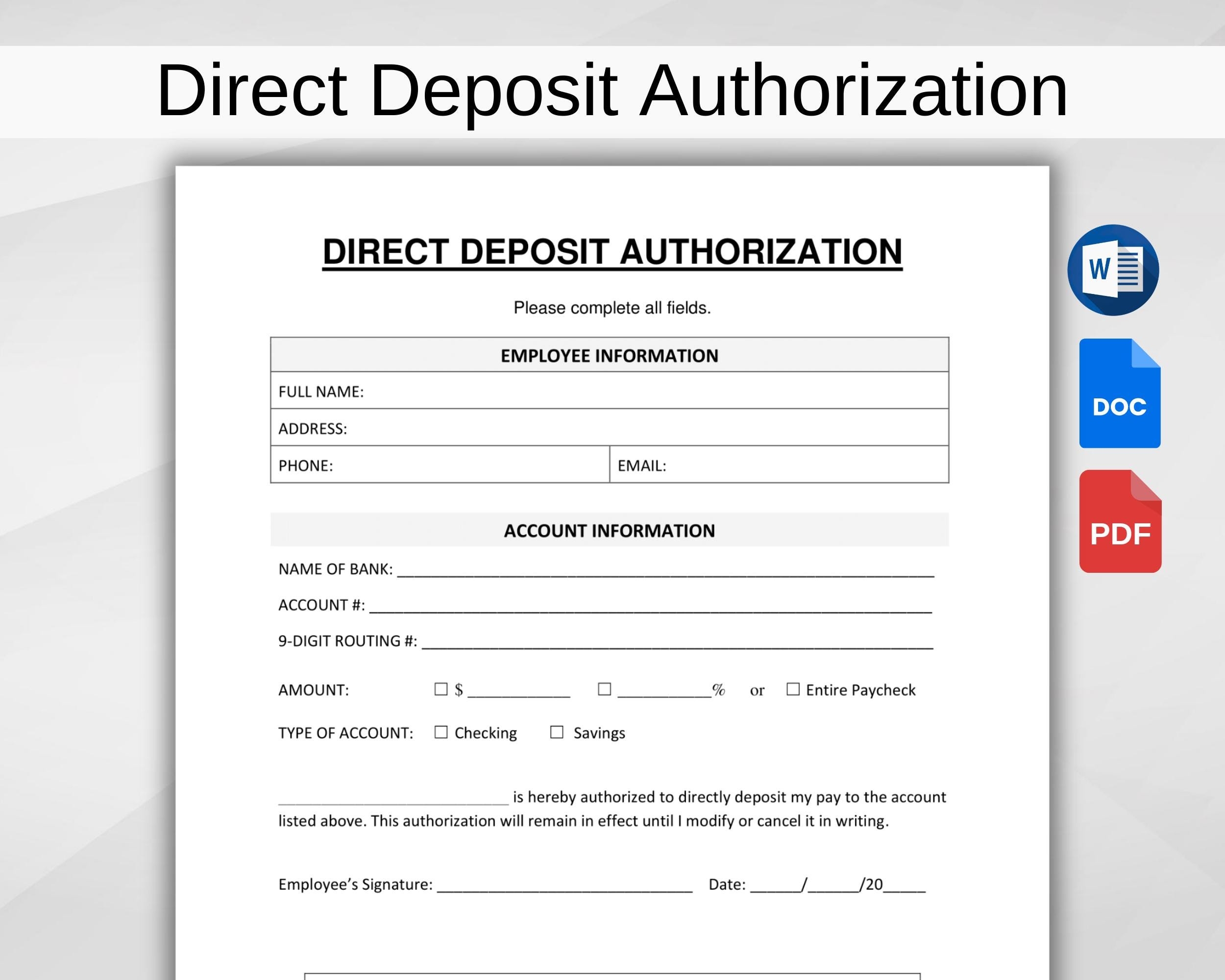 Direct Deposit Authorization Form Editable HR Template digital 