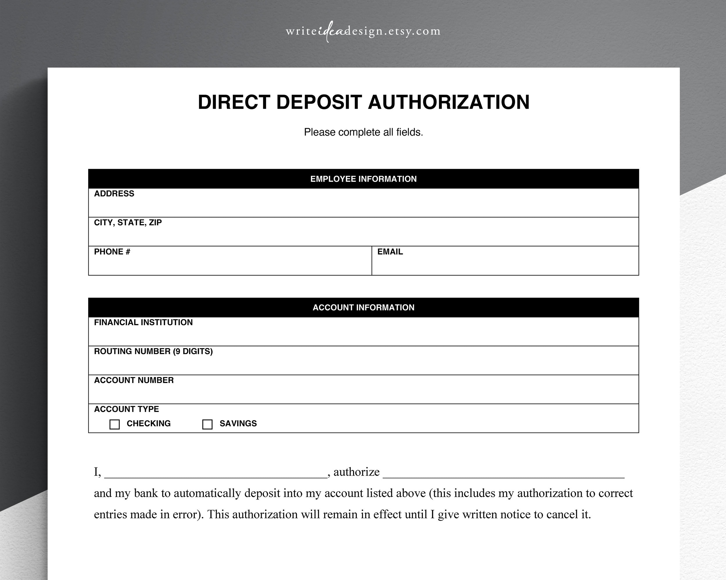 Direct Deposit Authorization Form Printable Template google Docs word pdf Etsy