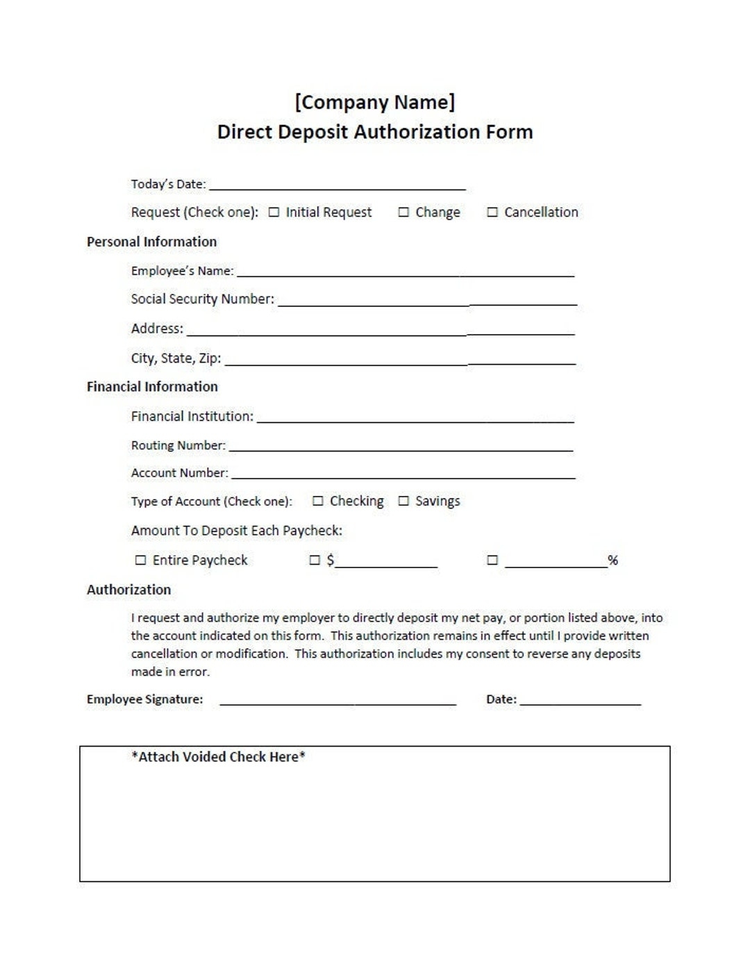 Direct Deposit Authorization Request Form Template word Editable Printable Etsy