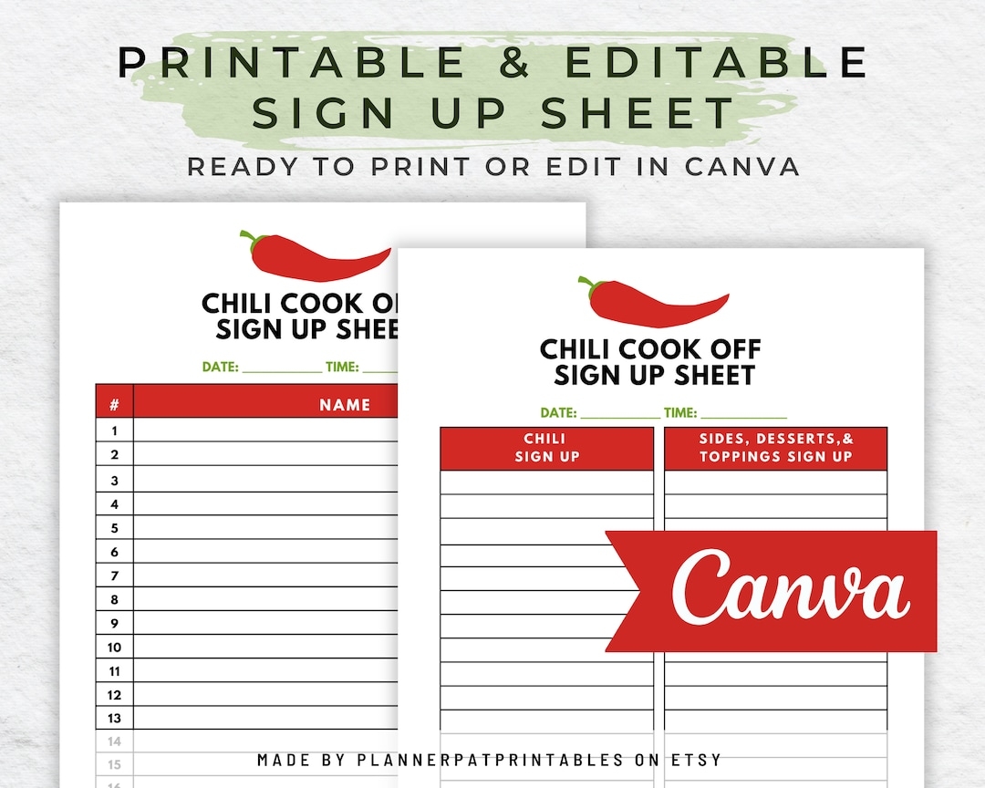 Editable Chili Cook Off Sign Up Sheet Printable For Community Chili Competition Etsy
