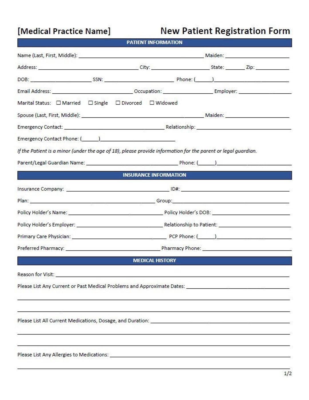 Editable New Patient Registration Form Template word Printable Etsy