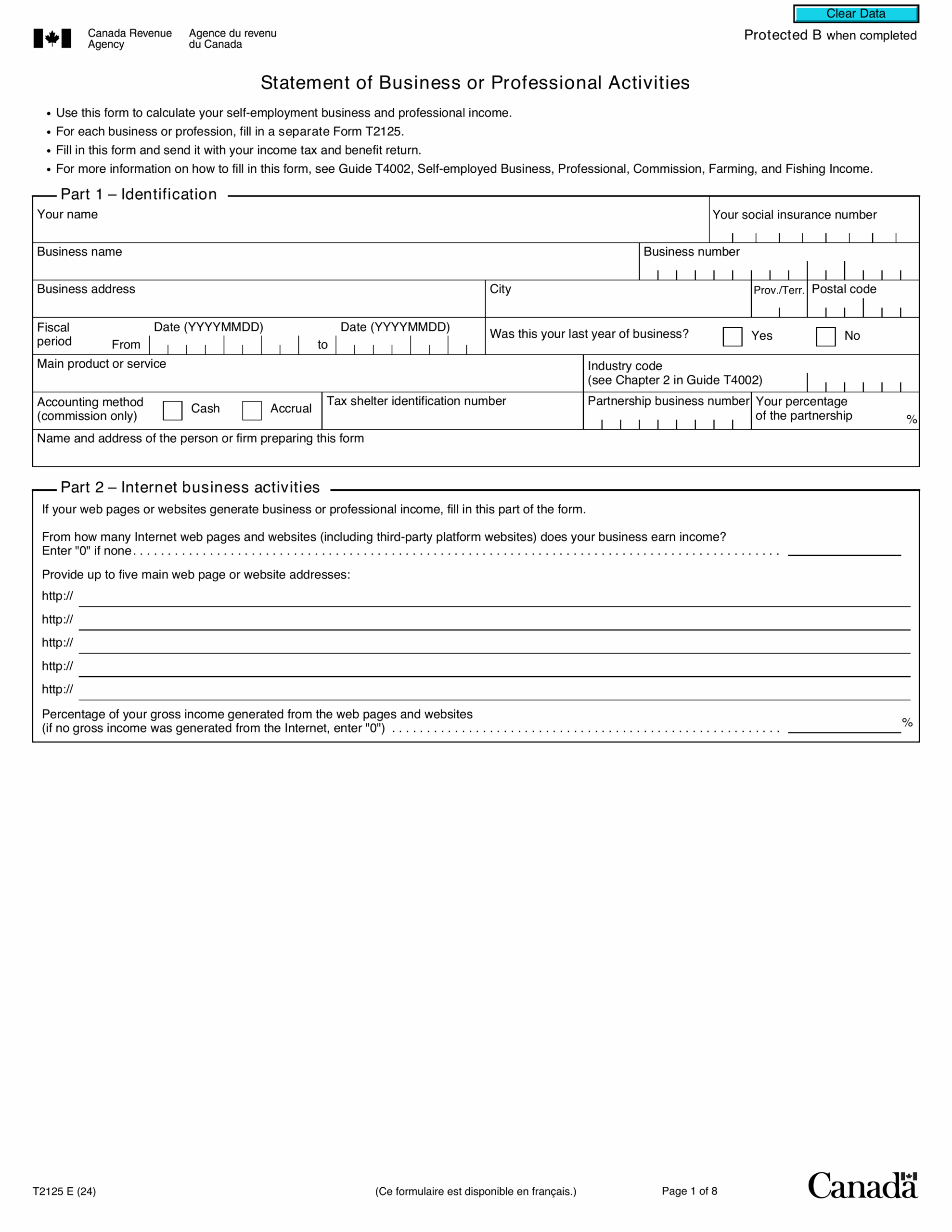 Fill Form T2125 Online Edit Canadian Forms 2024 2025
