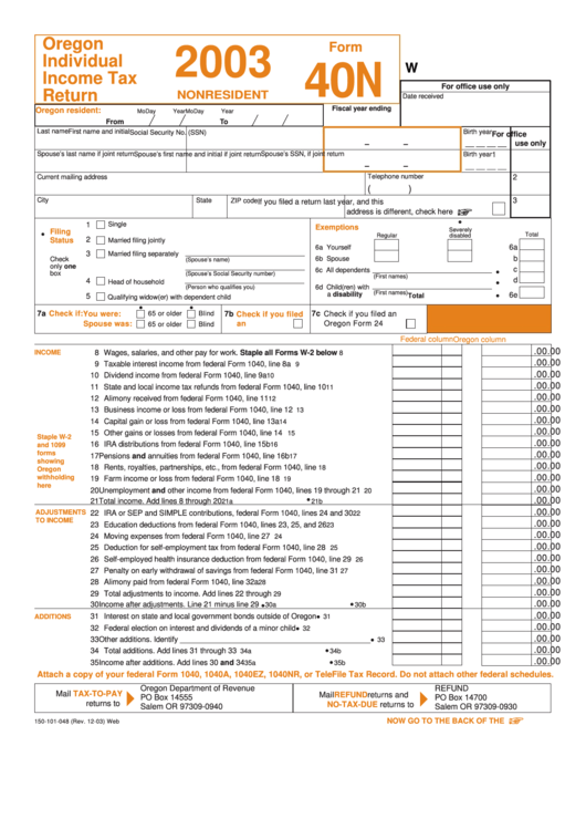 Fillable Form 40n Oregon Individual Income Tax Return Nonresident 