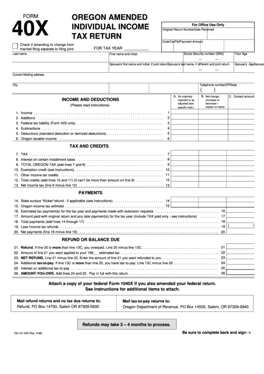 Fillable Form 40x Oregon Amended Individual Income Tax Return 