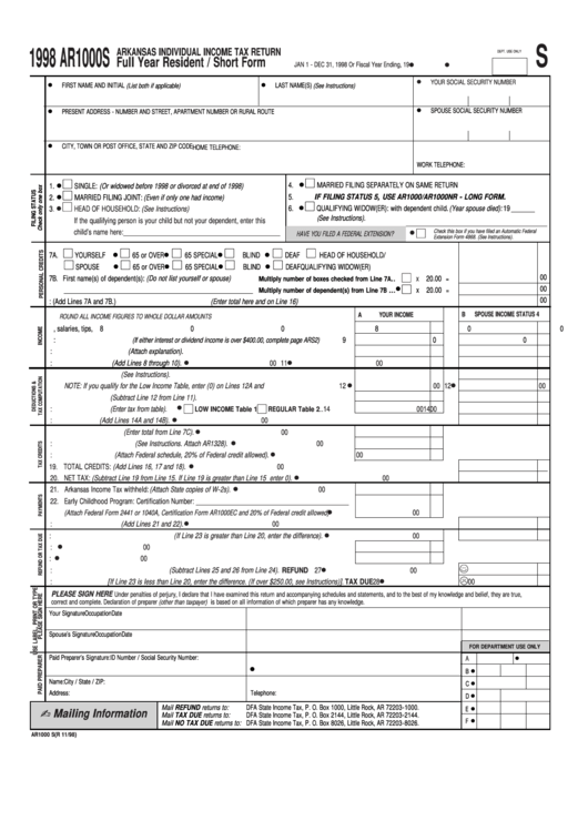 Fillable Form Ar1000s Arkansas Individual Income Tax Return Full Year 