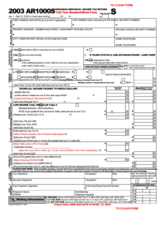 Fillable Form Ar1000s Arkansas Individual Income Tax Return Full Year