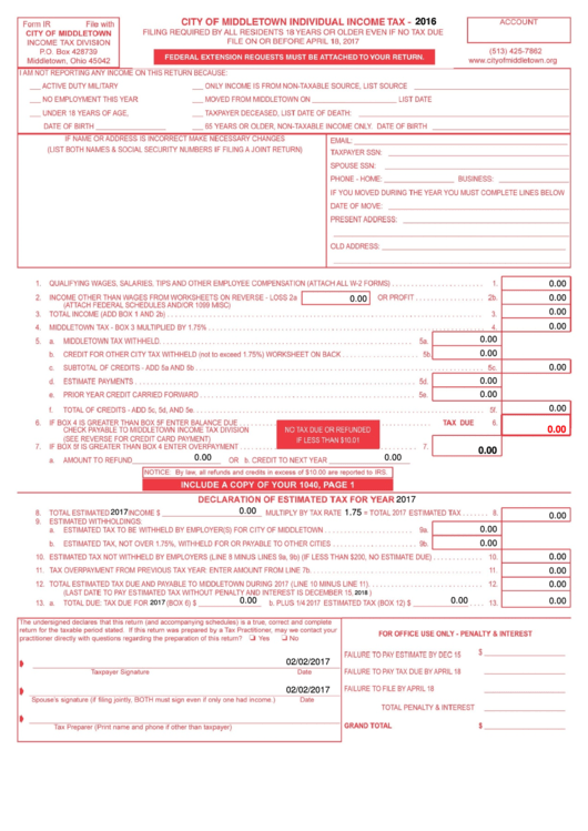 Fillable Form Ir City Of Middletown Individual Income Tax Form 2016 