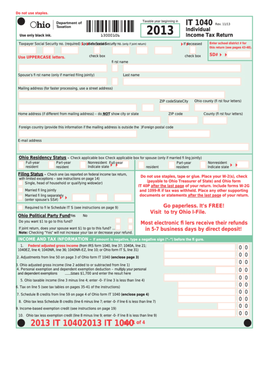 Fillable Form It 1040 Individual Income Tax Return 2013 Printable 