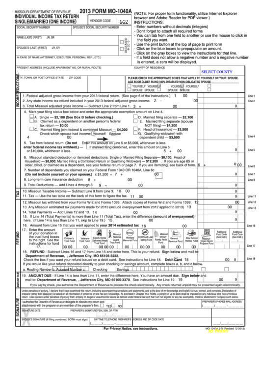Fillable Form Mo 1040a Individual Income Tax Return Single married