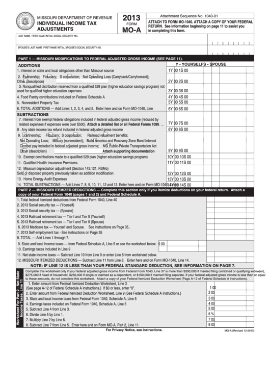Fillable Form Mo A Individual Income Tax Adjustments 2013 Printable 