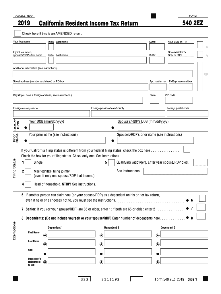 Fillable Online 2019 Form 540 2EZ California Resident Income Tax Return 