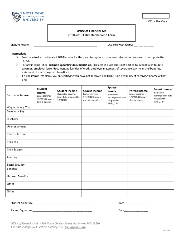 Fillable Online Office Of Financial Aid 2018 2019 Estimated Income Form 